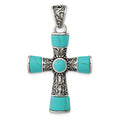 Sterling Silver Synthetic Turquoise Antiqued Cross Pendant, 35.45 x 28.21 mm