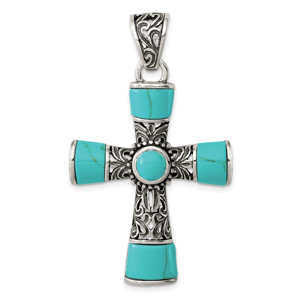 Sterling Silver Synthetic Turquoise Antiqued Cross Pendant, 35.45 x 28.21 mm