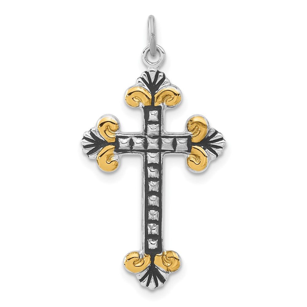 Sterling Silver & Gold-tone Antiqued & Textured Budded Cross, 34 x 18.15 mm