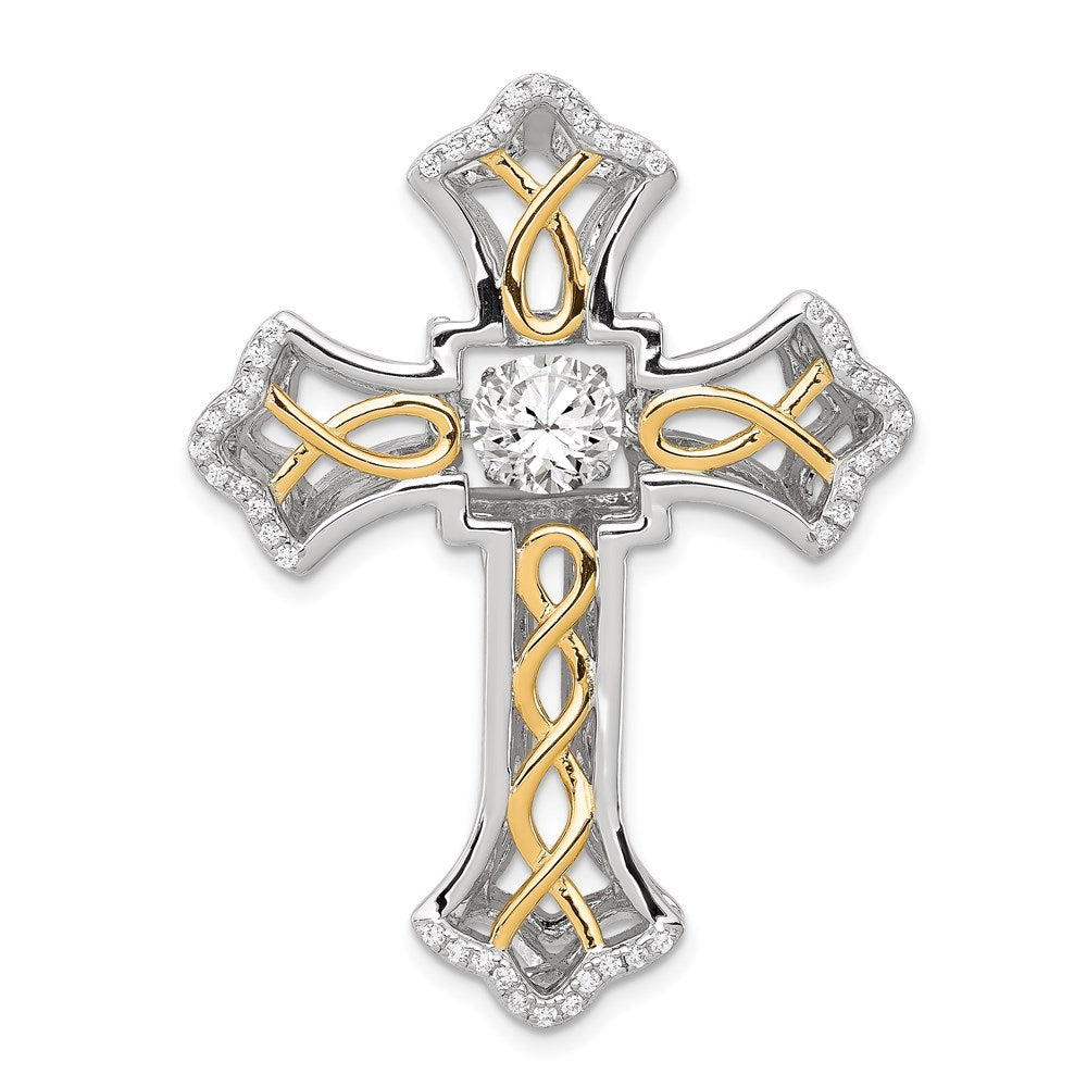 Sterling Silver Platinum-plated Plshed Gold-plated Vibrant CZ Cross Pendant, 41 x 31.18 mm