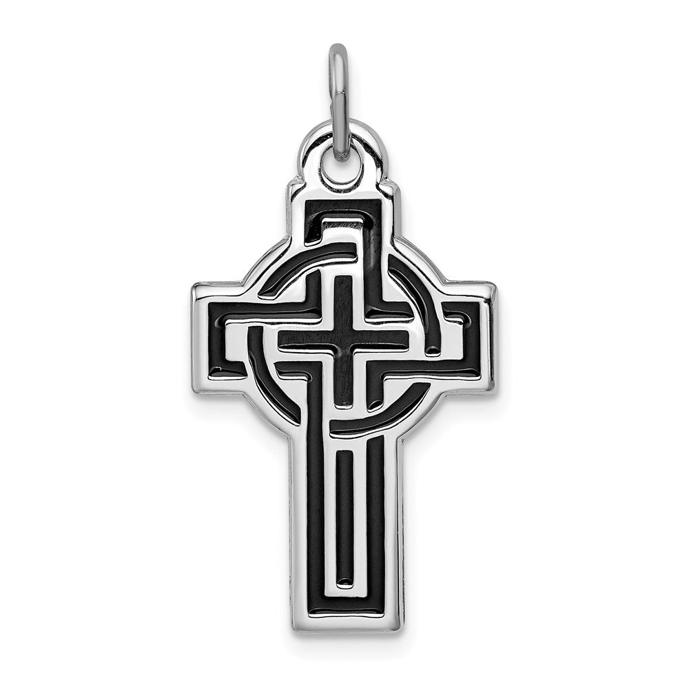 Sterling Silver Platinum-plated & Black Platinum Design Cross Pendant, 23.3 x 15.7 mm