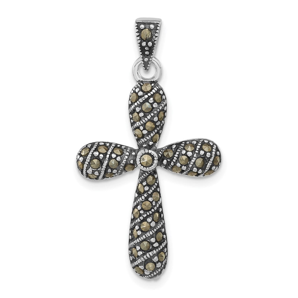 Sterling Silver Antiqued Marcasite Cross Pendant, 36.55 x 20 mm