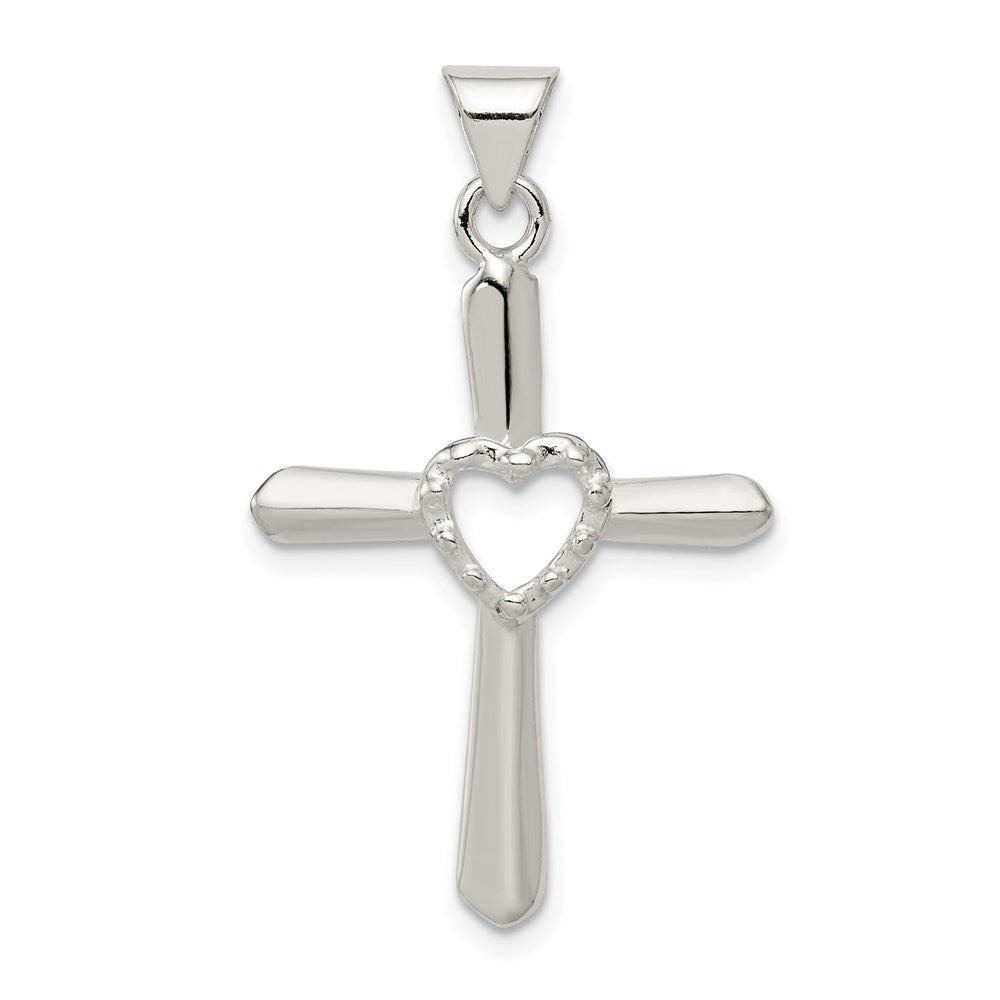 Sterling Silver Polished and Textured Cross w/ Heart Pendant, 26.53 x 20.2 mm