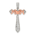 Sterling Silver Polished Rhodium & Rose Gold-plated Mom CZ Cross Pendant, 29.6 x 16.95 mm