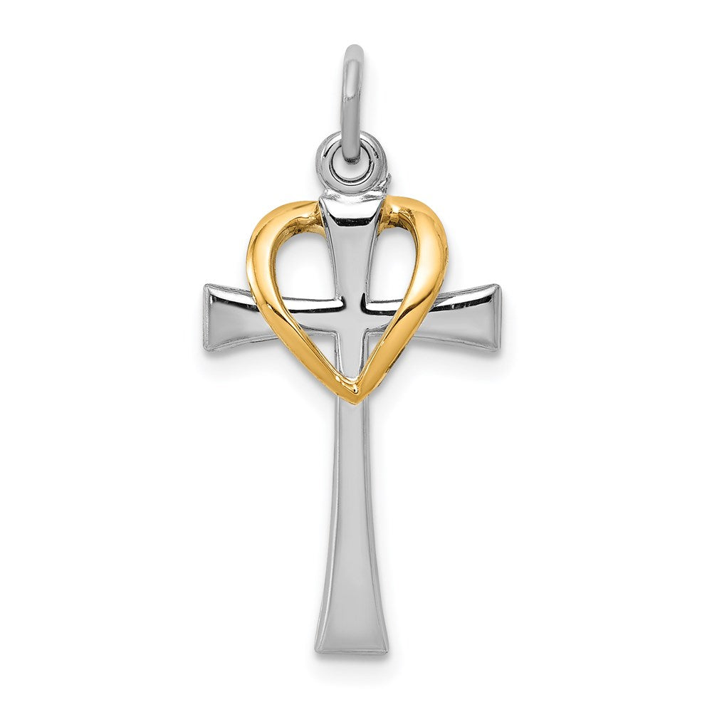 Sterling Silver Platinum-plated & Gold-tone Polished Cross w/Heart Pendant, 21.11 x 13.5 mm