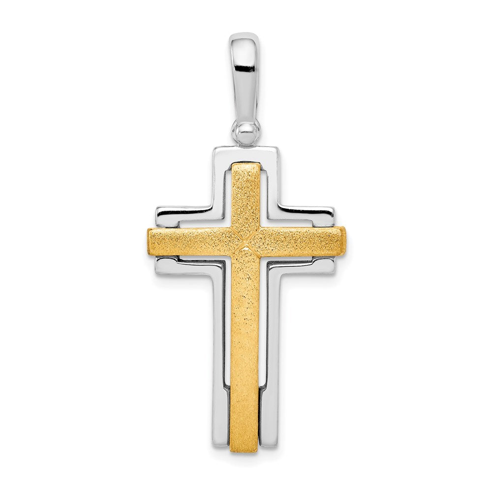 Sterling Silver Rhodium-plated & Gold-tone Brshd/Polished Cross Pendant, 29.2 x 18.8 mm
