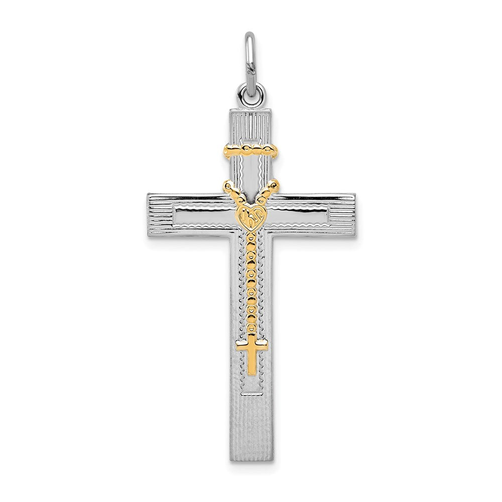 Sterling Silver Platinum-plated & Gold-tone Rosary on Cross Pendant, 35 x 21 mm