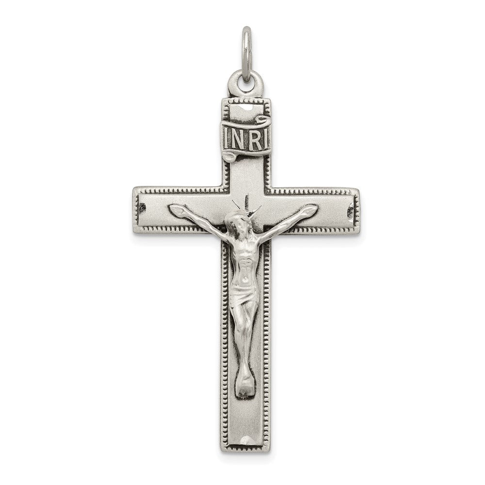 Sterling Silver INRI Crucifix Cross w/ Prayer Pendant, 47 x 25.5 mm