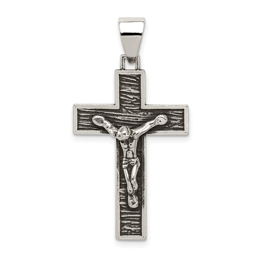 Sterling Silver Antiqued Box Cross Crucifix Pendant, 37 x 19.25 mm