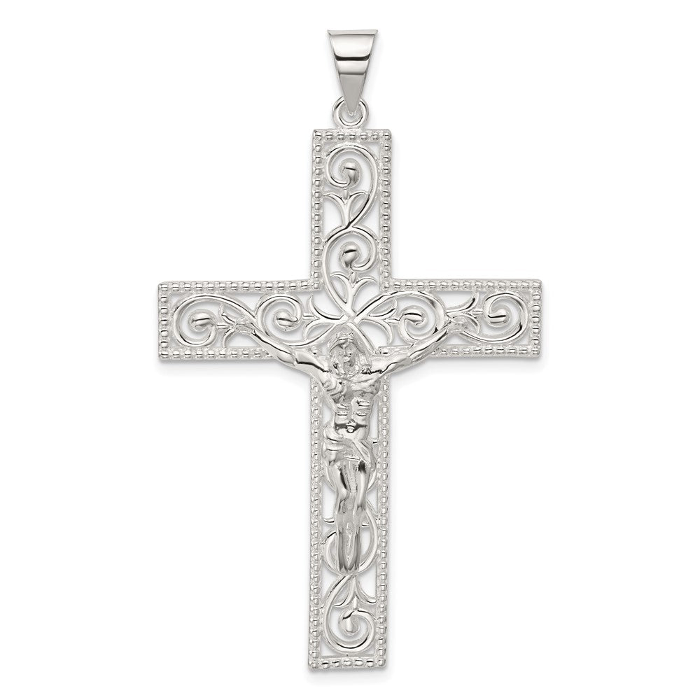Sterling Silver Polished Beaded Filigree Crucifix Pendant, 63 x 34.4 mm