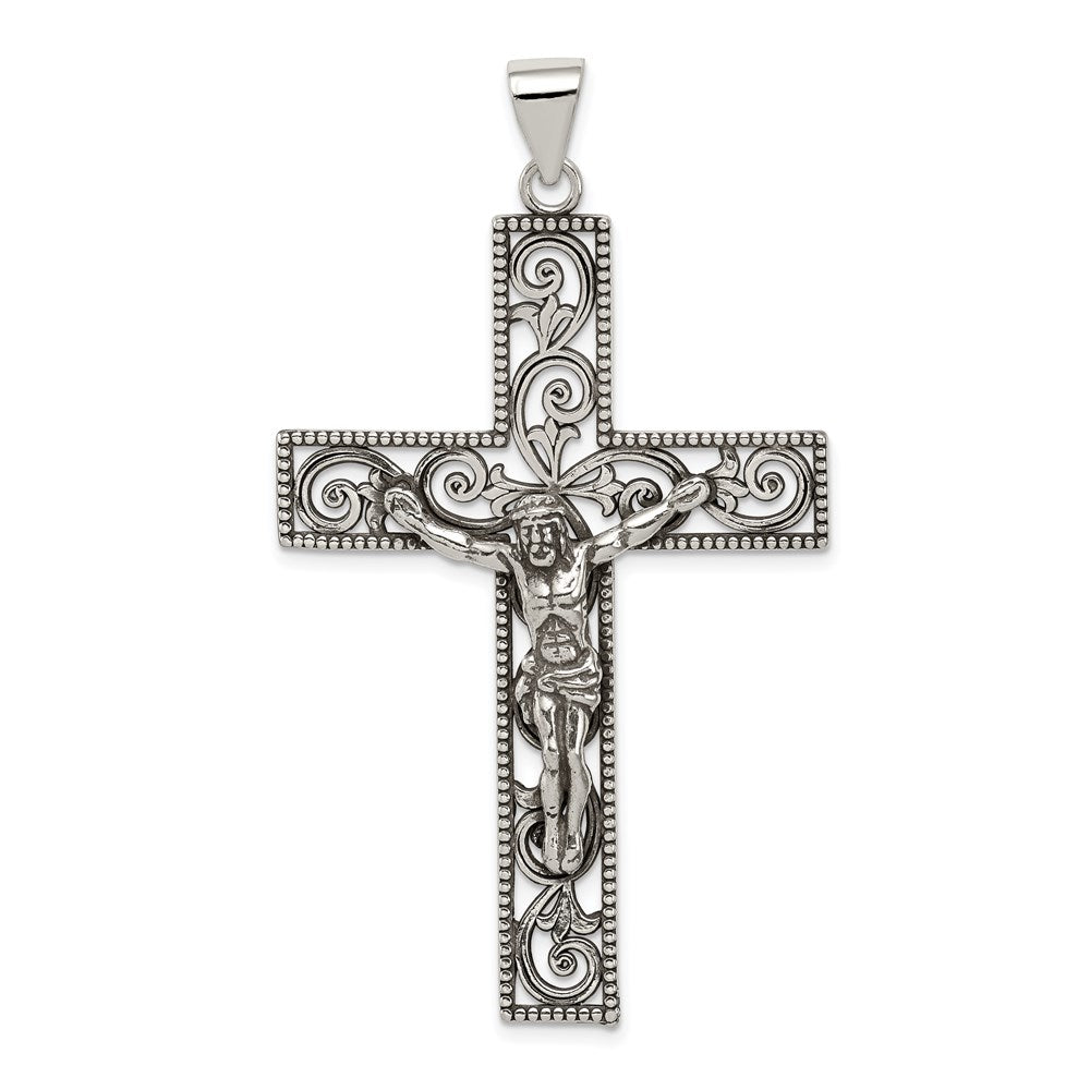 Sterling Silver Antiqued Beaded Filigree Crucifix Pendant, 63 x 34.4 mm
