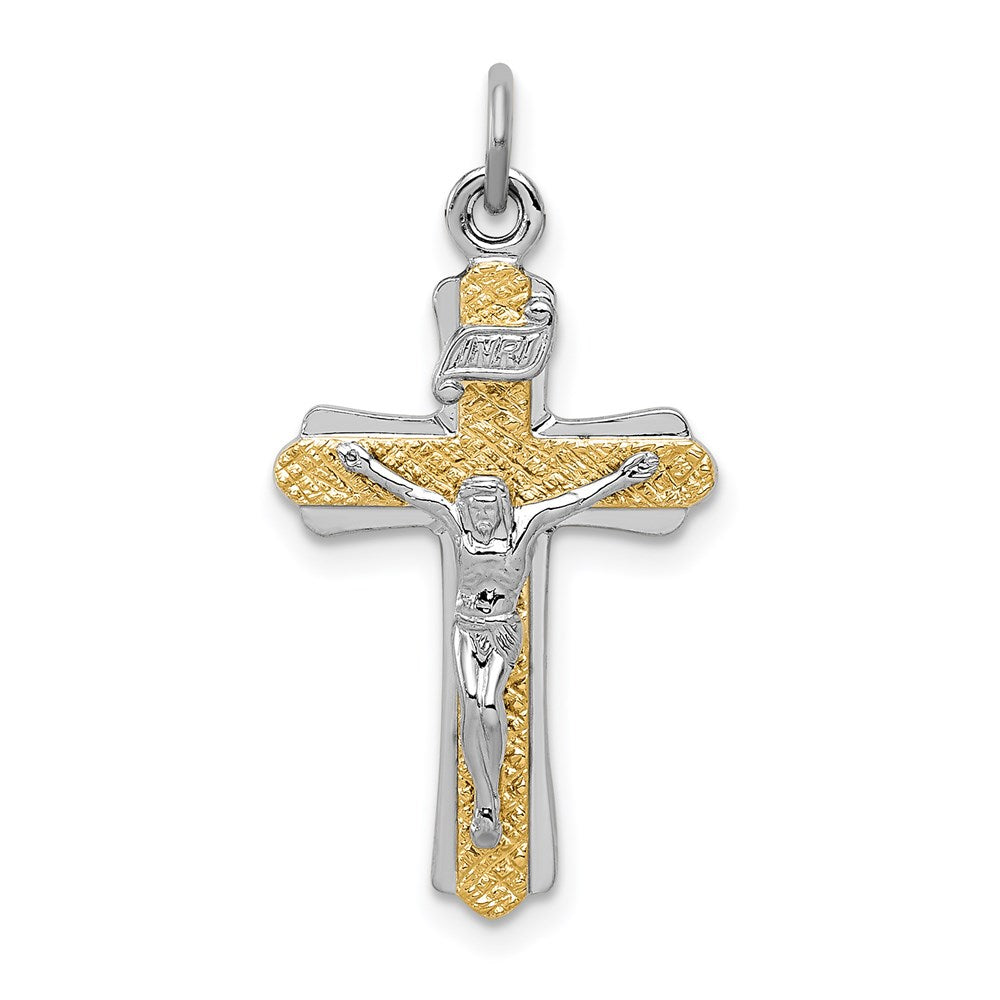 Sterling Silver Platinum-plated & Gold-tone INRI Crucifix Cross Pendant, 29 x 15 mm