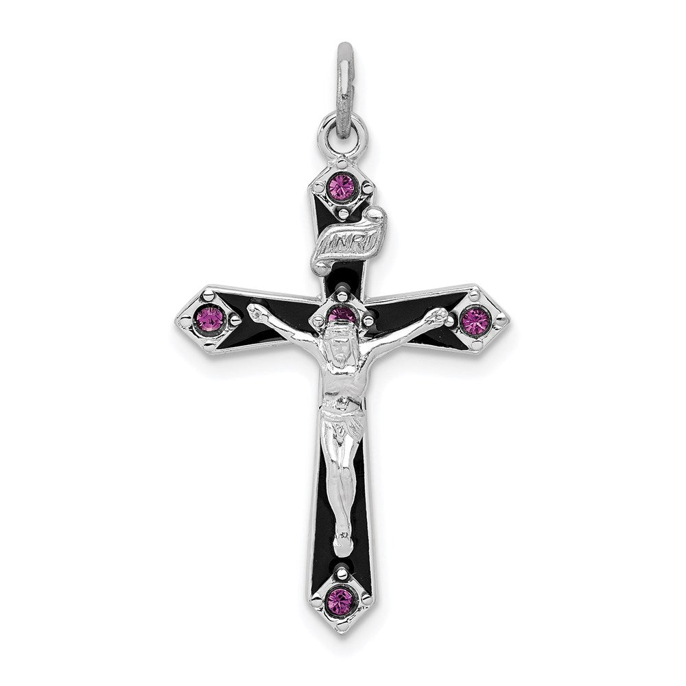 Sterling Silver Platinum-plated Black Epxy Purple CZ INRI Cross Pendant, 31.75 x 18.25 mm