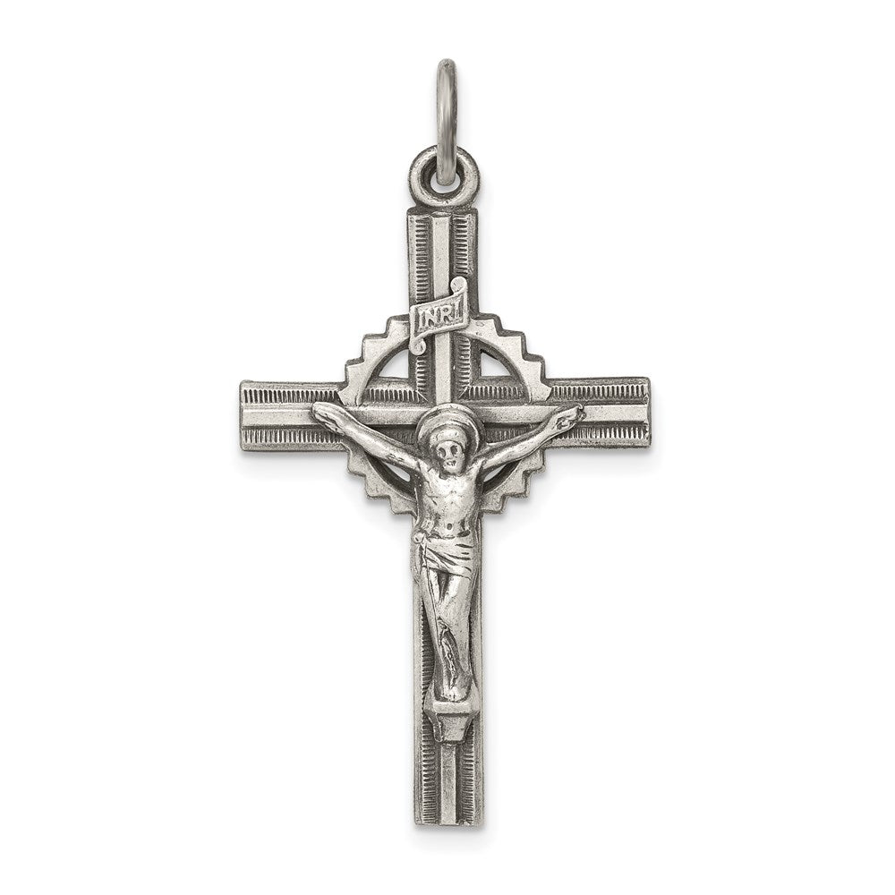 Sterling Silver Antiqued, Textured and Polished INRI Crucifix Pendant, 39 x 21.4 mm