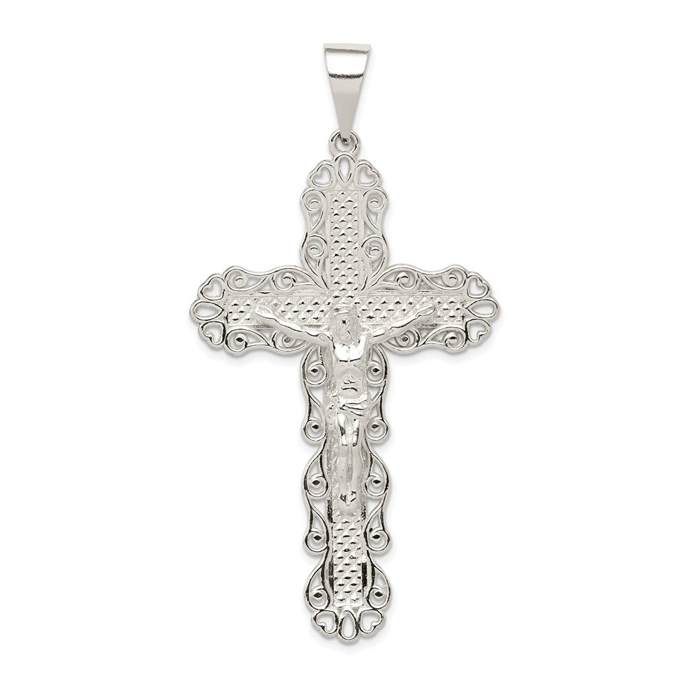 Sterling Silver Polished & Textured Large Floral Cross w/Jesus Pendant, 66.5 x 35 mm