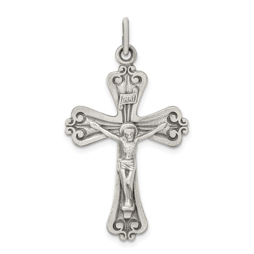 Sterling Silver Antiqued and Brushed INRI Crucifix Pendant, 39.2 x 22.15 mm