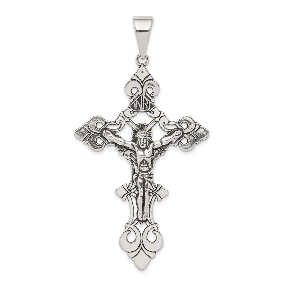Sterling Silver Antiqued Large INRI Crucifix Pendant, 66 x 35.7 mm