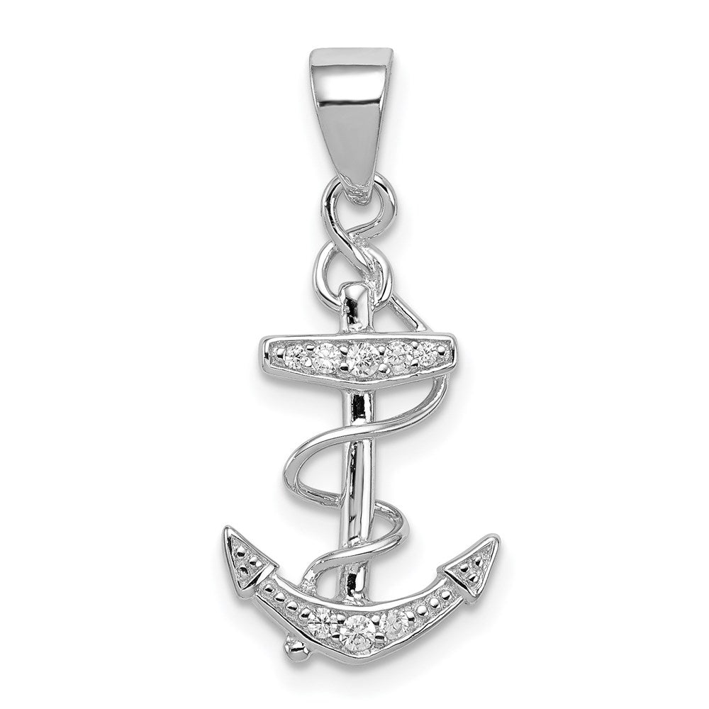 Sterling Silver Rhodium-plated CZ Anchor Pendant, 25.5 x 11.5 mm