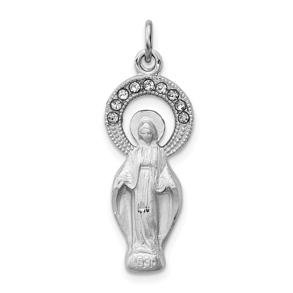 Sterling Silver Platinum-plated Polished & Satin CZ Miraculous Medal Pendan, 28.94 x 10.2 mm