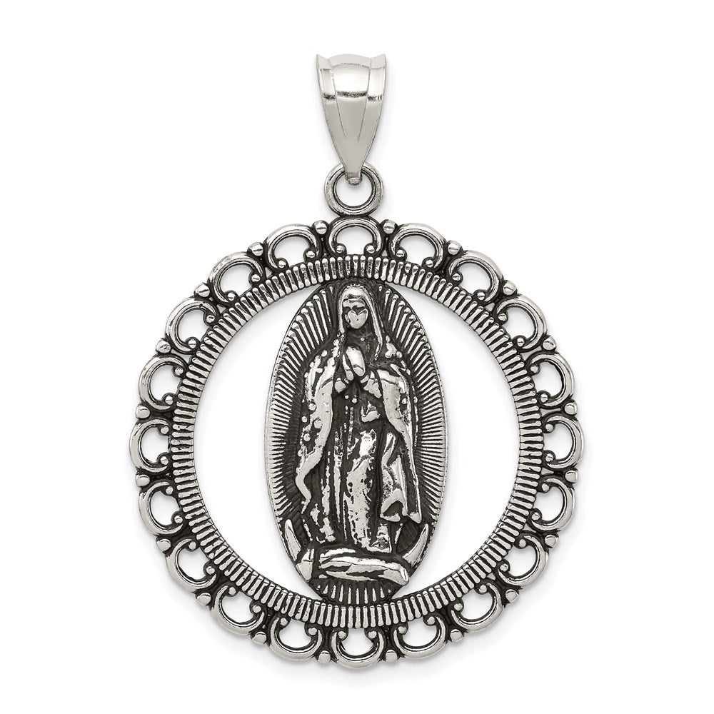 Sterling Silver Antiqued Religious Ruffled Circle Pendant, 40.4 x 30 mm