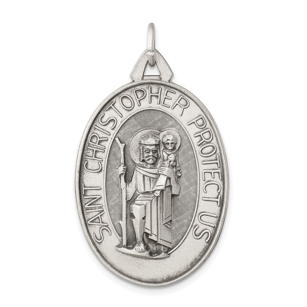 Sterling Silver Antiqued Satin St. Christopher Medal, 39.86 x 22.8 mm