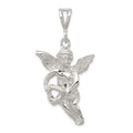 Sterling Silver Polished & Textured Flying Angel w/Heart Pendant, 45.36 x 22.58 mm