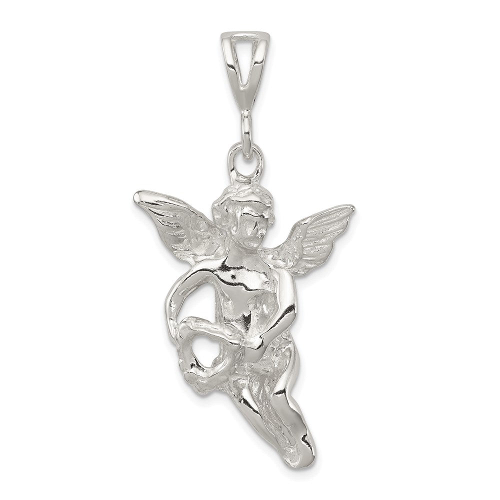Sterling Silver Polished & Textured Flying Angel w/Heart Pendant, 45.36 x 22.58 mm