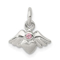 Sterling Silver Rhod-pltd Polished/Satin Heart w/Wings Pink CZ Pendant, 13.68 x 12.08 mm