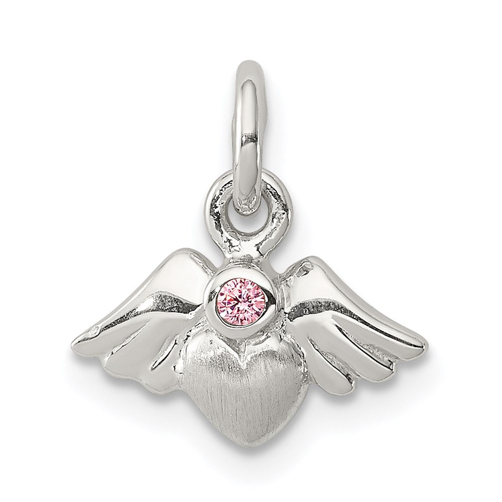 Sterling Silver Rhod-pltd Polished/Satin Heart w/Wings Pink CZ Pendant, 13.68 x 12.08 mm