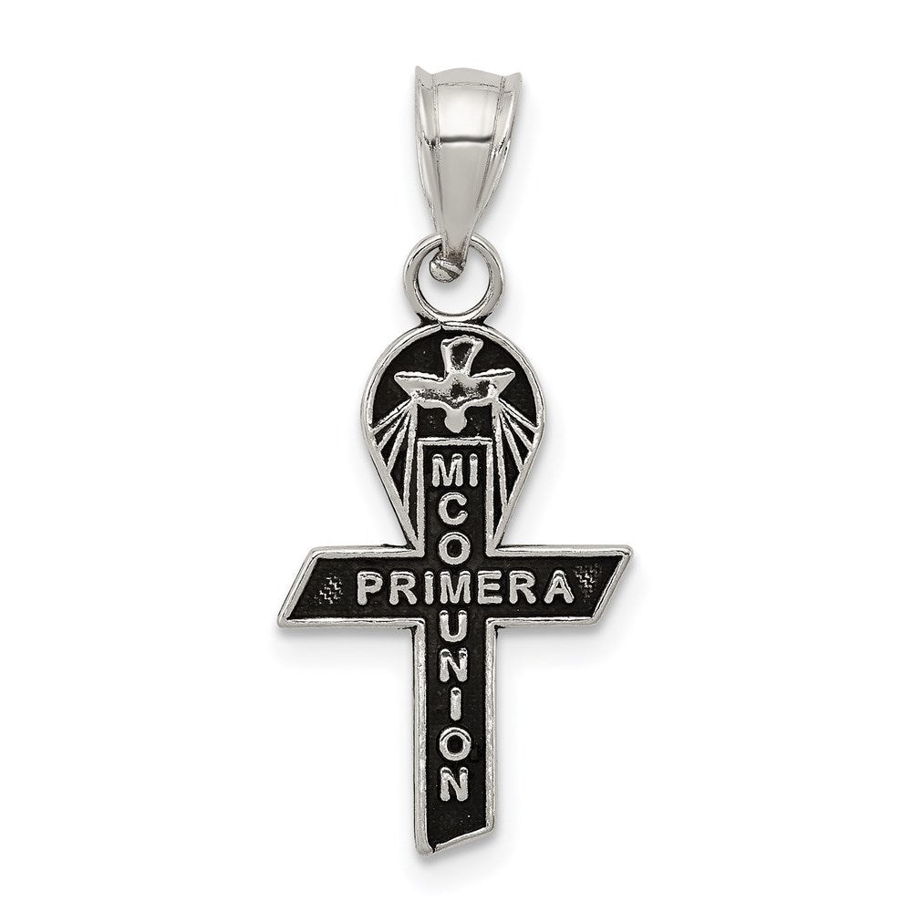 Sterling Silver Antiqued Mi Primera Communion Mini Ribbon Pendant, 26.84 x 11.8 mm