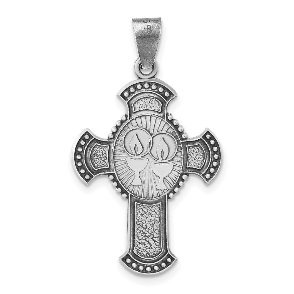 Sterling Silver Antiqued Textured & Satin Religious Cross Pendant, 34.75 x 20.5 mm