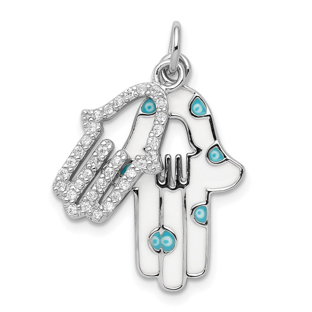 Sterling Silver Rhodium-plated Enamel Hamsa w/CZ pendant, 25.8 x 13.17 mm