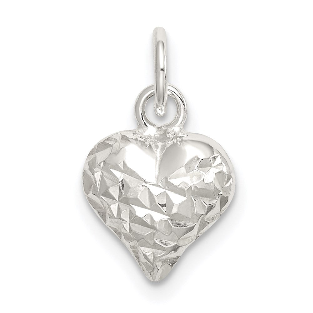 Sterling Silver Polished Diamond-cut Puff Heart Charm, 9.2 mm