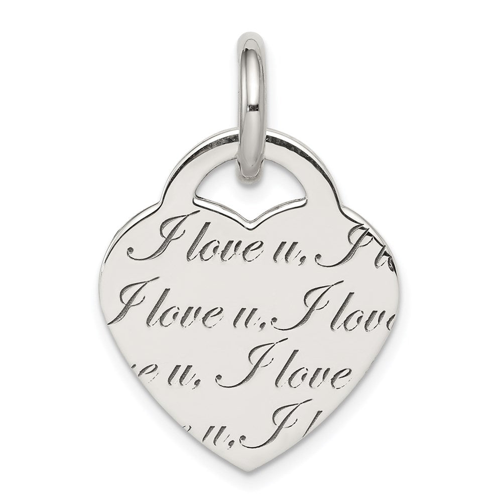 Sterling Silver Antiqued Polished 'I Love u' Engraved Heart Pendant, 22.5 mm
