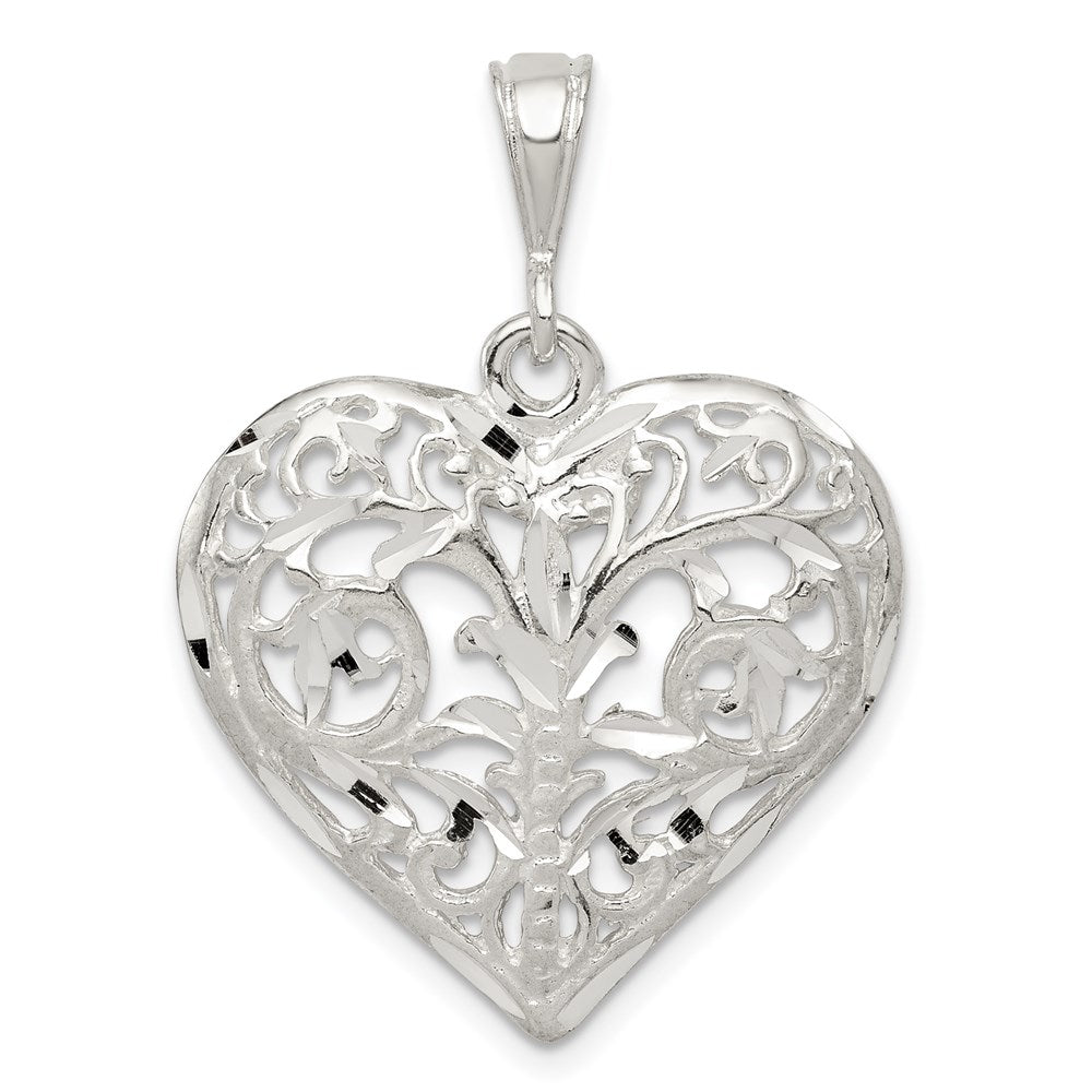 Sterling Silver Polished Filigree Heart Pendant, 23.3 mm