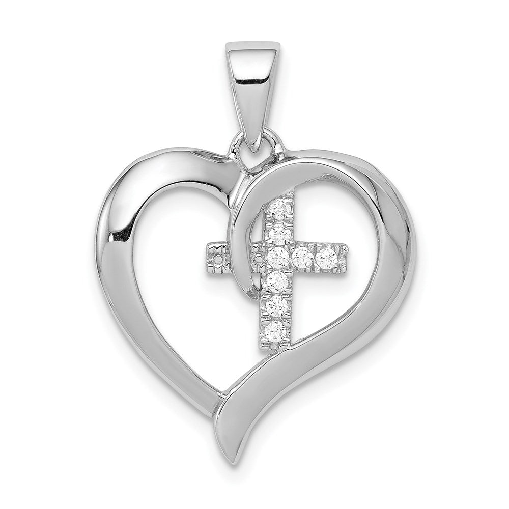 Sterling Silver Rhodium-plated Polished Heart with CZ Cross Pendant, 19.7 mm
