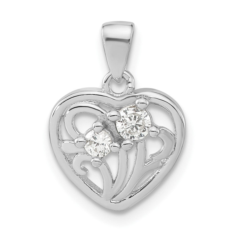 Sterling Silver Polished CZ Heart Pendant, 16.7 x 12 mm