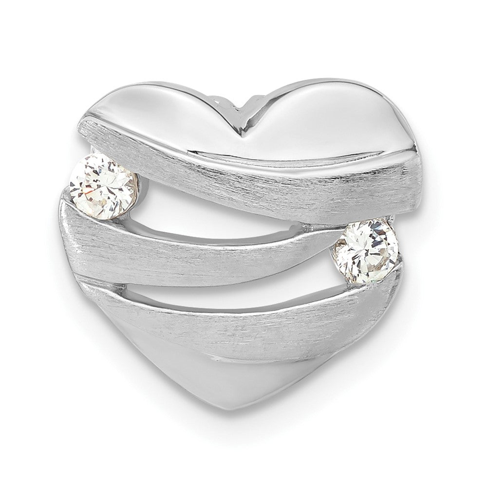 Sterling Silver Polished & Brushed CZ Heart Chain Slide, 12.45 x 13.55 mm