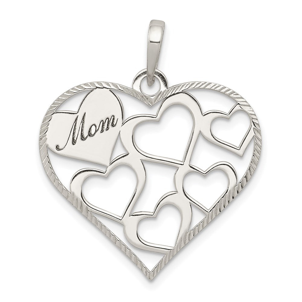 Sterling Silver Polished & Textured 'Mom' Engraved Heart Pendant, 24 mm