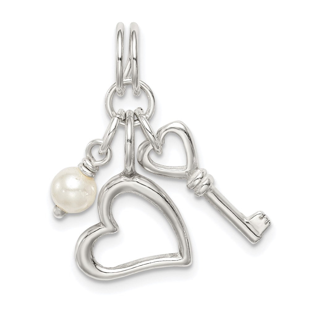 Sterling Silver Polished Key and Heart w/Simulated Pearl Charm, 14.2 mm