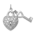 Sterling Silver Rhodium-plated CZ Heart Lock & Key Pendant, 21 mm