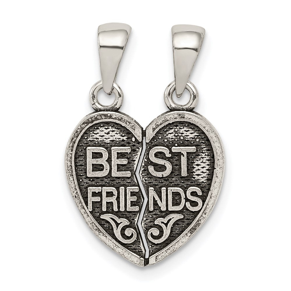 Sterling Silver Antiqued Mini Best Friends Break Away Heart Pendant, 15 mm