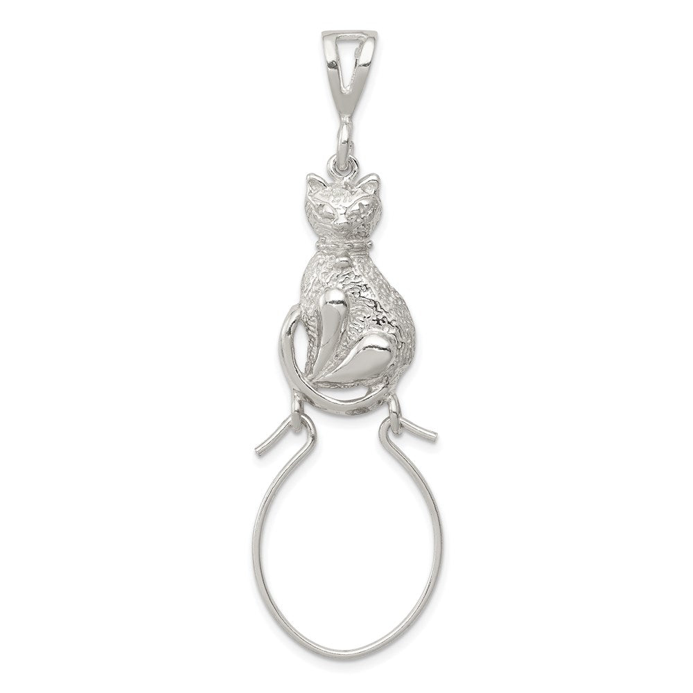 Sterling Silver Polished Sitting Cat Charm Holder Pendant, 24.5 mm