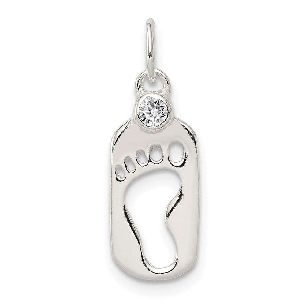 Sterling Silver Polished Footprint CZ Charm, 15 mm