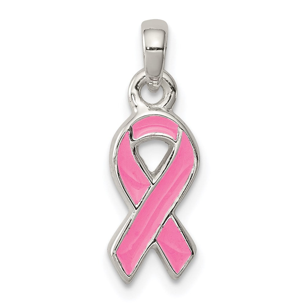 Sterling Silver Polished Pink Enameled Ribbon Pendant, 19 x 7 mm