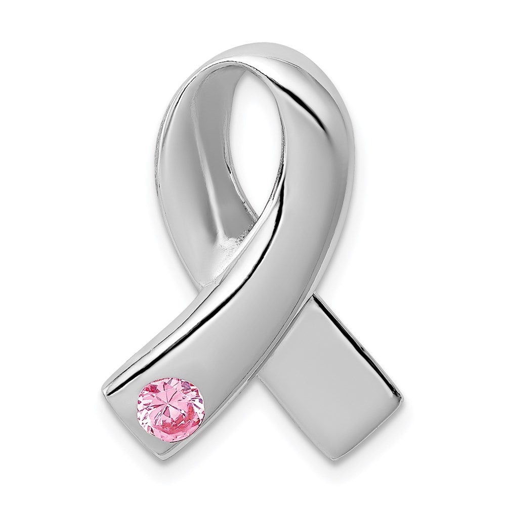 Sterling Silver Rhodium-plated Pink CZ Awareness Ribbon Pendant, 23 x 16 mm