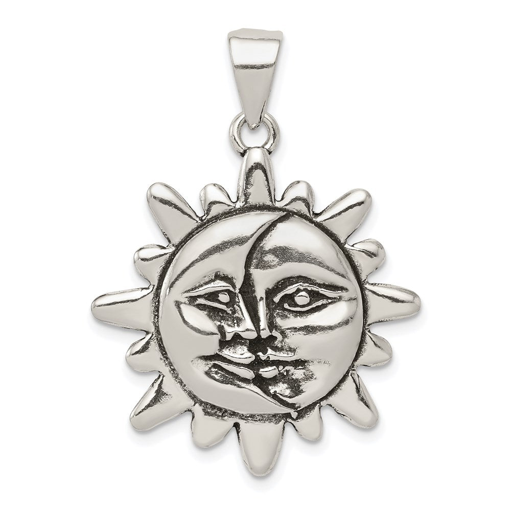 Sterling Silver Antiqued Sun & Half Moon Face Pendant, 27 x 26.6 mm