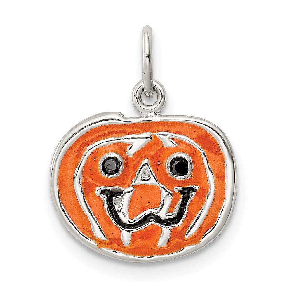 Sterling Silver Polished Enamel Pumpkin Pendant, 11 x 13.3 mm