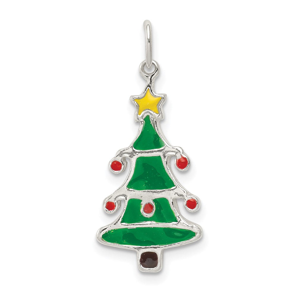 Sterling Silver Polished Enamel Christmas Tree Pendant, 20.2 x 11.15 mm