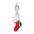 Sterling Silver Polished Enamel Christmas Stocking Charm, 17.5 x 6.5 mm